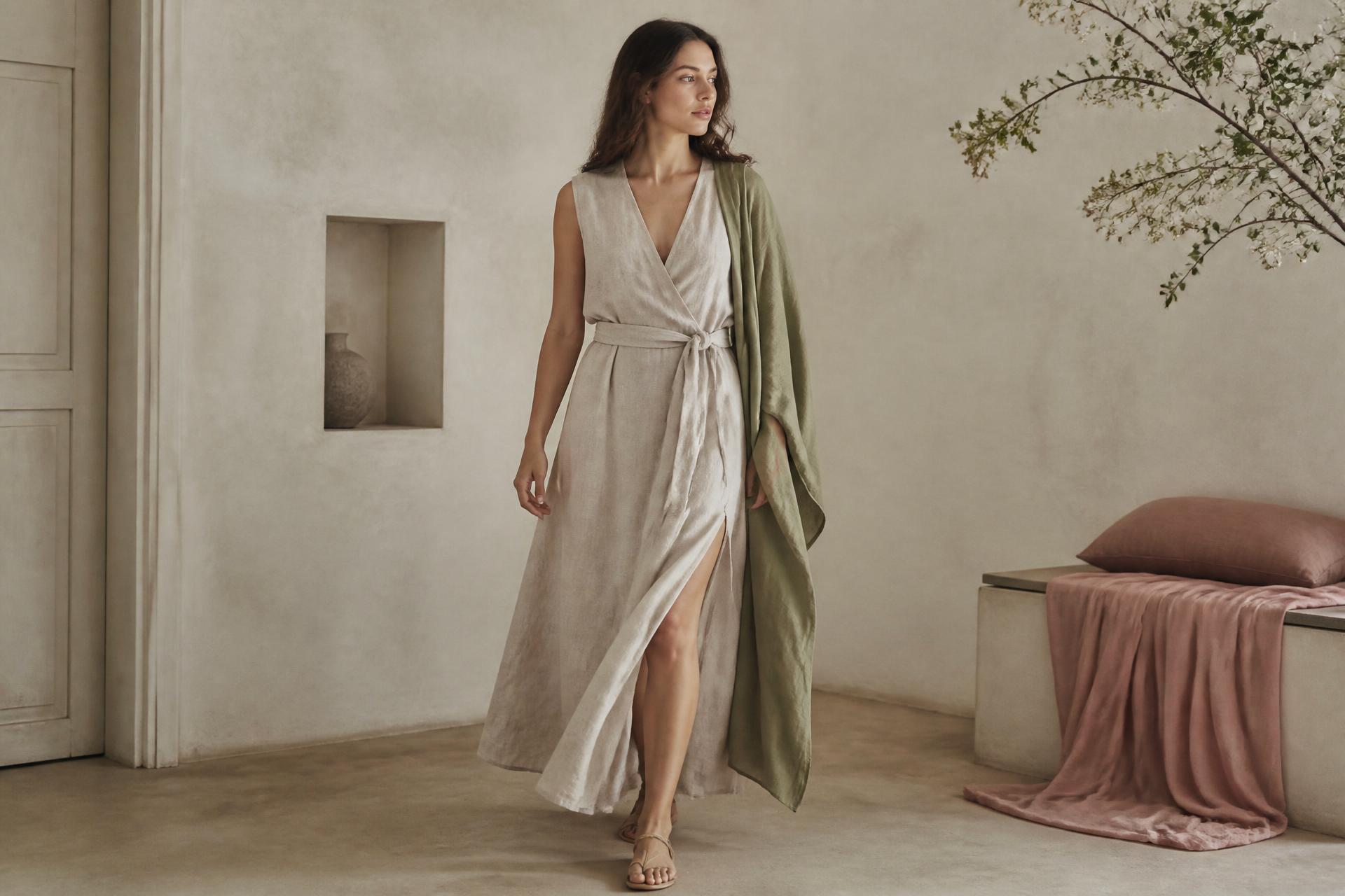 Mujer con vestido de lino claro y kimono verde oliva en un interior de luz natural