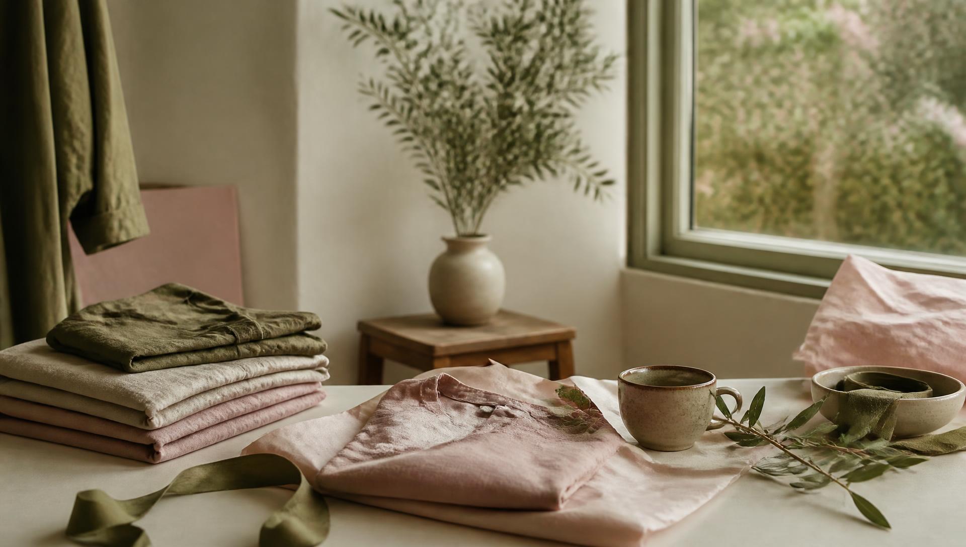 Prendas de lino dobladas junto a papel de seda rosa y una rama de olivo, con luz natural