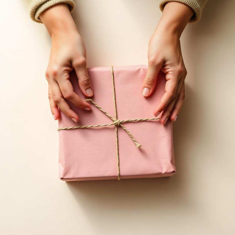 Manos envolviendo un pedido con papel rosa empolvado